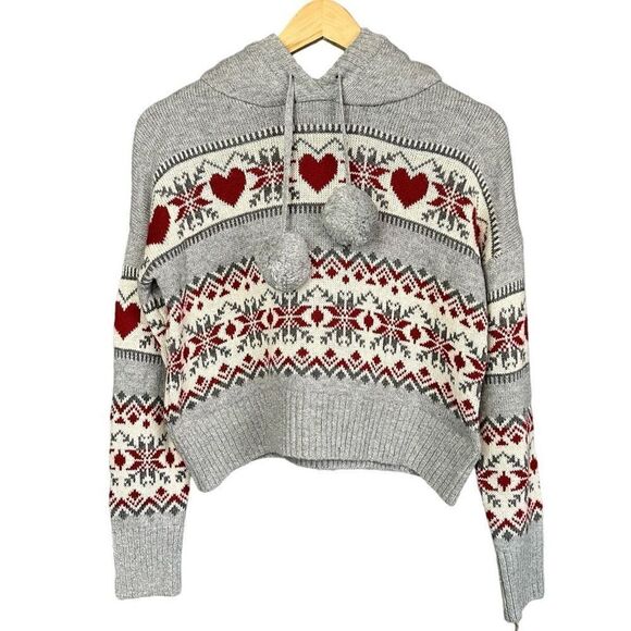 NWT Kaisley Nordic Valentines Heart Print Wool Blend Pom Pom Hooded Sherpa Lined - Picture 1 of 8